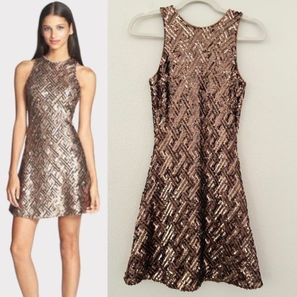 Dress The Population Mia Sequin A-Line Mini Dress Bronze Sleeveless Womens Small
